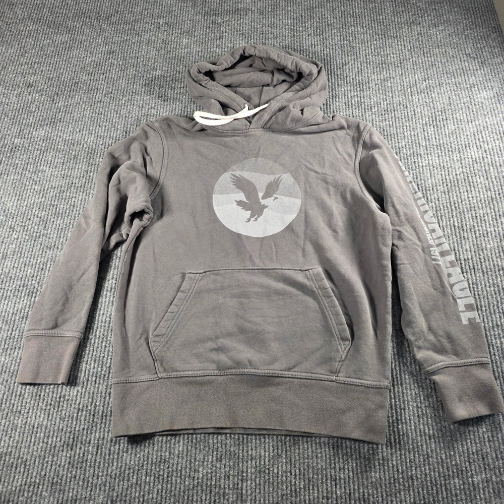 American Eagle Mens Small Gray Graphic Hoodie Eagle Logo Sleeve Print Sweatshirt